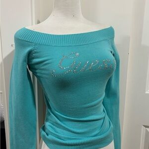 Vintage Guess Off-Shoulder Sweater - Aqua Blue